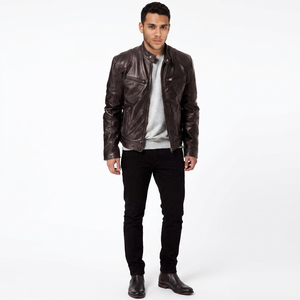 <b>Men's</b> Stand Collar Autumn Genuine Cow <b>Leather</b> Vintage Biker Motorcycle <b>Jacket</b> Black - Product Image 1