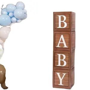 Decoraciones para fiesta de cumpleaños, 4 bloques marrones de madera con letras impresas, caja de madera personalizada para Celebración de bebé