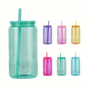 Verres à boire en gros, mugs personnalisés pour soda et bière, verre coloré de 16 oz avec couvercle en plastique et paille pour le camping - Product Image 1