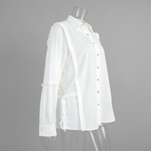 Camicetta in cotone <span class=keywords><strong>con</strong></span> <span class=keywords><strong>frange</strong></span> personalizzata Primavera 2026 - <span class=keywords><strong>Camicia</strong></span> oversize a maniche lunghe <span class=keywords><strong>con</strong></span> colletto a risvolto, OEM/ODM da fabbrica di abbigliamento cinese - Product Image 5