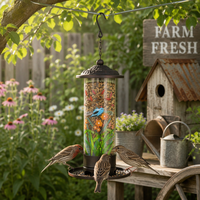 Mangeoire à oiseaux antique en tube transparent peint, motif floral coloré, avec dôme métallique, plateau de base et chaîne de suspension, résistante à la rouille et à l'eau