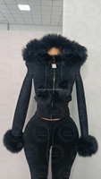 Setelan Olahraga Wanita 2 Potong Rajutan Berbulu Lengan Panjang Jaket Hoodie Resleting Celana Panjang Berhias Huruf dan Rhinestone 2026