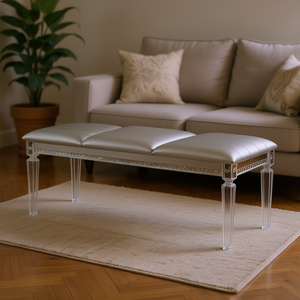 DB Contemporary Solid Wood Bench Silver <b>Acrylic</b> Legs <b>Mirror</b> Accent Crystal Decor Housewarming - Product Image 2