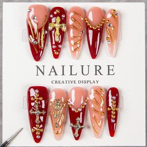 Faux ongles à presser faits main, style français, forme stiletto, 10 pièces, pour doigts - Product Image 1