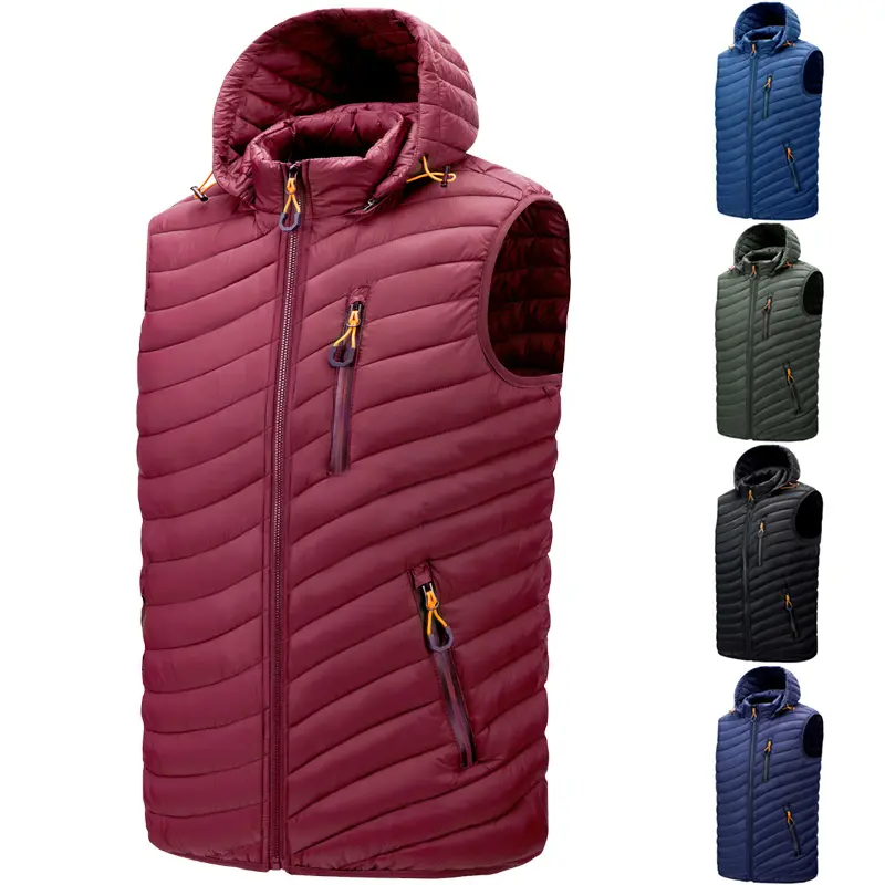 OEM Men Zip Up Sleeveless Hooded Puffer Coat Winter Quilted Hoodies Puffer Vests Coats Outdoor Padded Down Vest