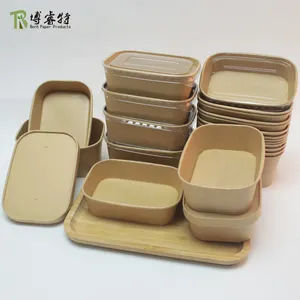 Biodegradable Disposable Food Grade 500/650/750/1000ml Takeaway Containers Takeout Rectangle Kraft Paper Salad Bowls