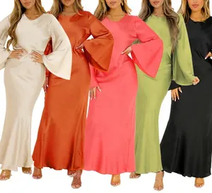 ZHEZHE Fashion New Stylish 2024 Candy Solid Color Long Sleeve Silk Elegant Ladies Long Casual Dresses