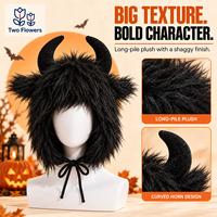Chapeau de démon en forme de cornes de taureau pour Halloween, en peluche noire et fourrure, avec attaches pour le menton, pour accessoires de costume de cosplay et de fête