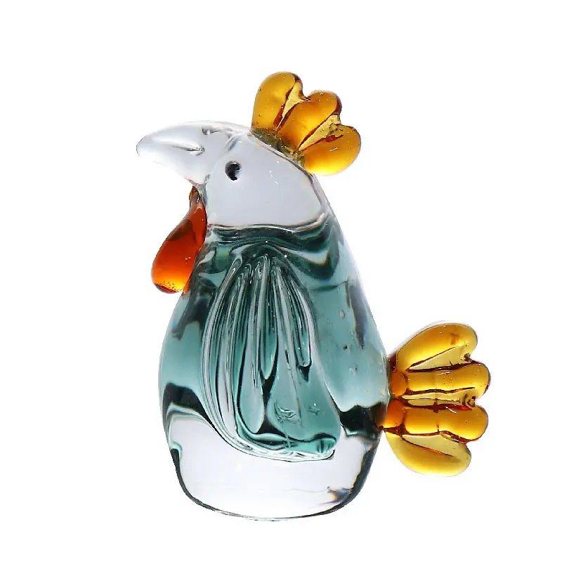 Verrerie de Murano soufflé à la main, Sculpture de Figurines de poulet en verre vert fait à la main