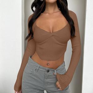 Camicette da <span class=keywords><strong>donna</strong></span> e camicie da <span class=keywords><strong>donna</strong></span> con collo basso a maniche lunghe a coste Sexy top corto - Product Image 6
