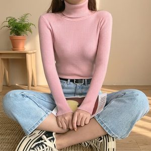 เสื้อไหมพรมคอเต่าทรงสลิม สไตล์วินเทจ ฮาราจูกุ สำหรับผู้หญิง สีชมพู ดีไซน์เรียบหรู  ใส่ได้ทั้งฤดูใบไม้ร่วงและฤดูหนาว - Product Image 3