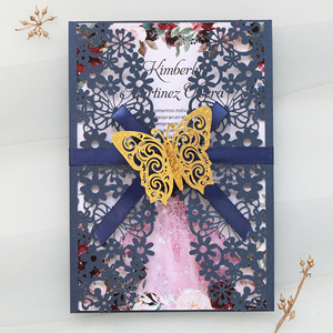 Invitación de compromiso estilo europeo, tarjeta de felicitación festiva, hermosa invitación de boda, mariposa 3D dorada calada. - Product Image 1