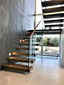 Modern tasarım kapalı merdiven cam korkuluk LED merdiven katı ahşap basamaklı yüzer çelik ahşap merdiven