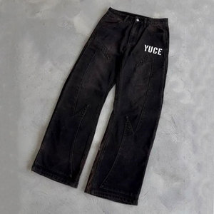 Jeans pour hommes vintage, denim ample et surdimensionné, lavage moyen, broderie florale, taille mi-haute, style droit, tricoté, hip-hop, taille mi-haute - Product Image 3