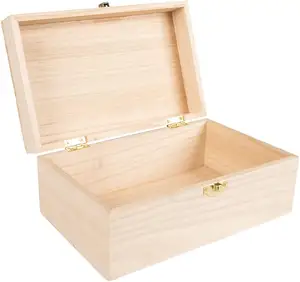 Unfinished Wooden Keeper Box Photo Box Wood Craft Box with Hinges Storage for Wedding Treasure Collectibles and Supplies