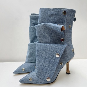 Metal Rivets Loose Pleated Upper Shoes Thin High Heels Pointed Toe Denim Ankle Boots Women's Wide Fit Short <b>Booties</b> - Product Image 3