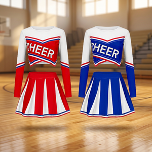 Girls Cheerleader Uniform Set <b>Red</b> Blue White <b>Long</b> <b>Sleeve</b> <b>Top</b> Skirt Digital Print Spandex/Polyester Adult Competition Dress Kit - Product Image 4