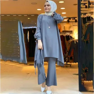 2022 Hot Sales Breathable 2 Piece Set Lady Muslim Set Long Sleeve Tops Blouse Pants Arab Clothes For Women