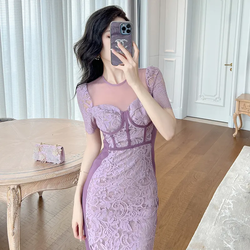 ZYHT 20508 Fashion Women Luxury Office Lady Lace Dresses Short Sleeve Stretch Waist Slim Elegant Midi Evening Dress