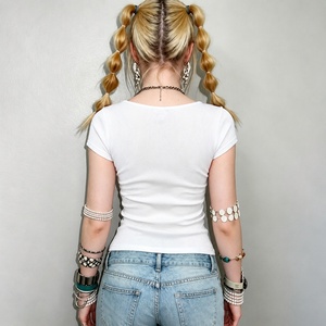 เสื้อคอร์เซ็ตผ้าลูกไม้แบบสวมใส่สบายสำหรับฤดูร้อน ผ้ายืดผสมสแปนเด็กซ์/โพลีเอสเตอร์ สีพื้น เรียบหรู ดูดี มีสไตล์ คอวี แขนสั้น ไม่เป็นขุย - Product Image 3