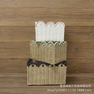 Woven <b>Storage</b> <b>Basket</b> Rectangle Khaki With Black Trim Handmade For Snacks Fruits Bathroom Laundry - Product Image 4