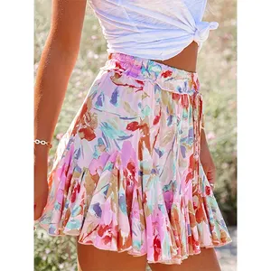 Custom 2024 Dames Zomer Hot Sexy Print Bloem Midi Zeer Korte Uitlopende Rok Dames Bloemen Ruches Geplooide Super Mini Rok