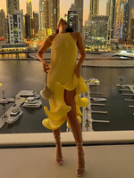 Nouvelle Robe Longue Jaune Romantique Halter pour Femme 2026 – Tendance Printemps, Tricot Côtelé, Volants, Fente Haute, Coupe Ajustée