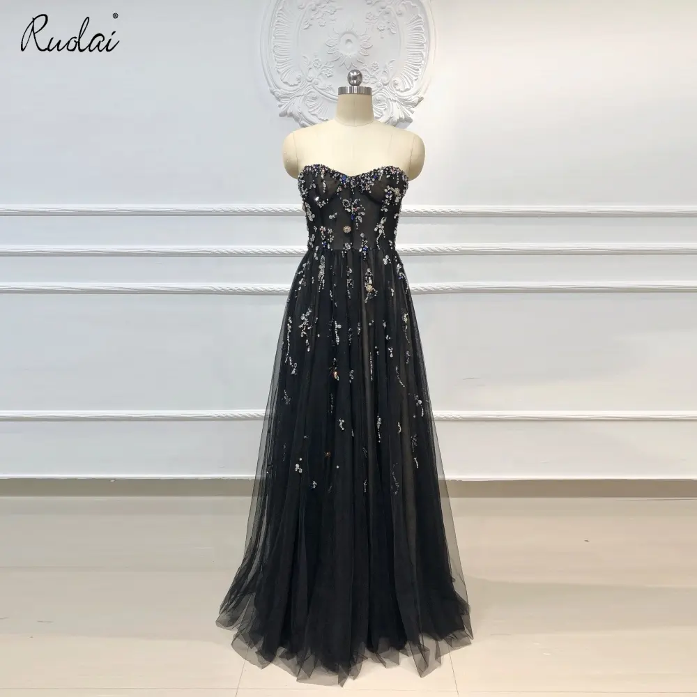 OEV-L4231 Luxury Black Sweetheart Muti-colored Rhinestones Crystal Long Aline Evening Dresses