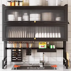Mueble de Cocina de <span class=keywords><strong>Metal</strong></span> de Doble Nivel de Alta Calidad con Escurridor para Platos y Tazones, Estante de Almacenamiento para Encimera, Diseño Antipolvo - Product Image 2
