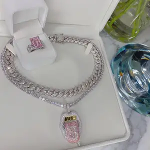 Micro Pave 5A Cubic Zirconia Cz Iced Out Bling Phụ Nữ Cô Gái Trang Sức Tennis Chain Dollar Lip Mặt Dây Chuyền Vòng Cổ