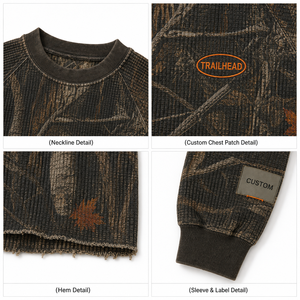 Forest Camo <b>T</b>-<b>shirt</b> Waffle Knit Raglan <b>Long</b> Sleeve Heavy Cotton Boxy Fit Tee Graphic Print Vintage Streetwear Custom <b>Men</b> <b>T</b> <b>Shirt</b> - Product Image 3