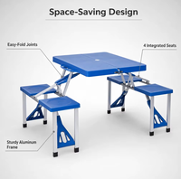 Table de pique-nique pliante, ensemble de table et chaises de camping portables, table 4 places avec tabourets, structure en métal pour pique-nique en camping, bleu