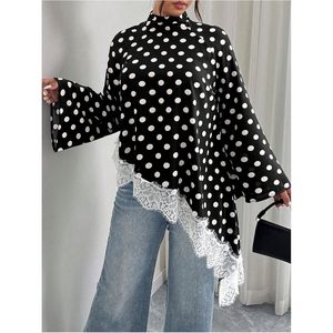 Blusa Elegante Estampada con Puntos para Mujer, Manga Larga, Manga Campana, Adorno de Encaje Asimétrico, Top de Gasa para Uso Diario - Product Image 3