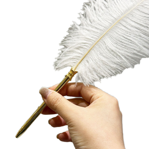 Golden Feather <b>Ballpoint</b> <b>Pen</b> White Ostrich Quill Stainless Steel Body Novelty Writing Instrument Black Ink Laser Engraving <b>Pen</b> - Product Image 1