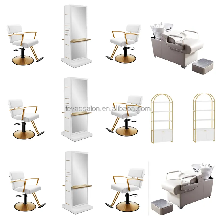 Barbershop Equipment White And Gold Barber Mirror And Styling Chair Salon Furniture