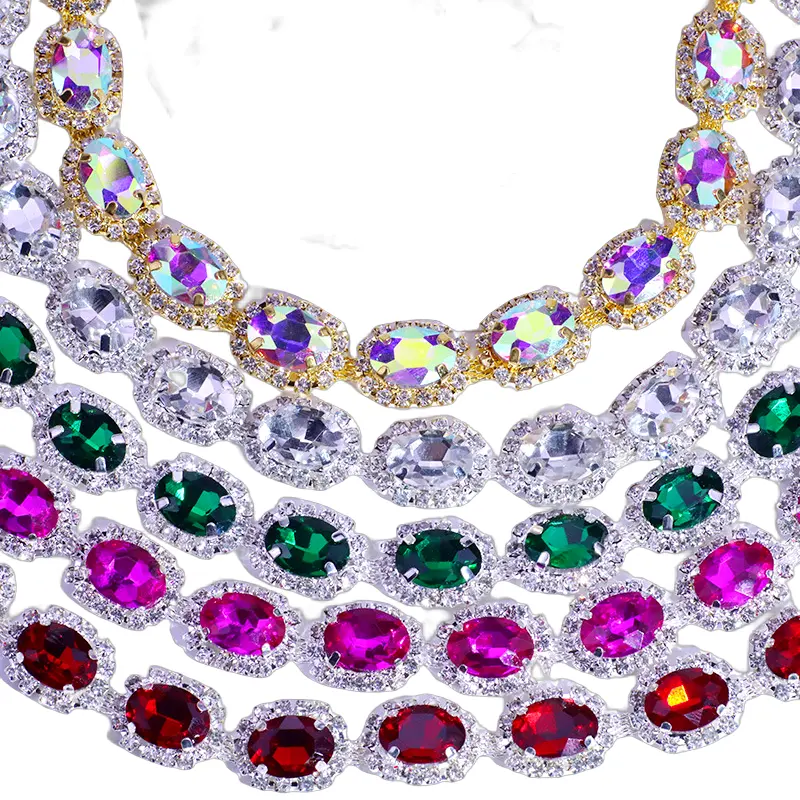 Aksesori berlian imitasi dekorasi tali sepatu pinggang cakar bunga kaca rantai Oval warna-warni baru