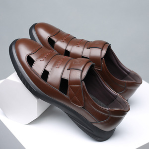 Men's Leather Hollow-Out <b>Sandals</b> Black Velcro Closure Breathable Summer <b>Closed</b> <b>Toe</b> Shoes For Dads - Product Image 3