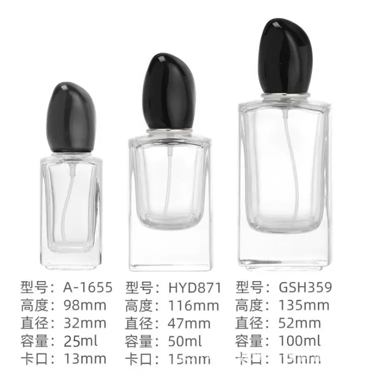 High end 30ml 50ml 100ml engrossar claro perfume garrafa de vidro com branco e preto pedra tampa alumínio perfume spray garrafa de prata