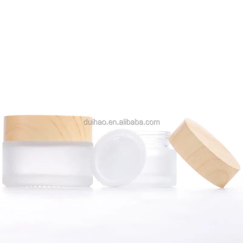 cosmetic face cream container 5ml 15ml 30ml 50ml 100ml frosted clear glass jar with bamboo wood lid