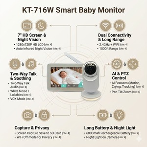 กล้องวงจรปิดสำหรับเด็ก KT-716T ขนาด 7 นิ้ว HD 720P พร้อม WiFi กล้องและแอปพลิเคชันอัจฉริยะ ตรวจจับการเคลื่อนไหวด้วย AI ตรวจจับเสียงร้องไห้ มองเห็นในเวลากลางคืน - Product Image 2