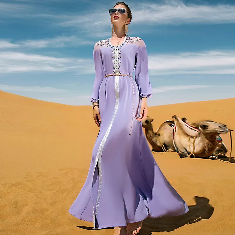 Elegant Paars Fee Strass Kralen Maxi Jurk Dubai Uitje Party Kleding Voor Split Marokkaanse Caftan Lange Mouw Eid Outfits