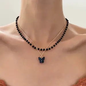 Gothic Dark Mehr schicht ige Samen perle Schmetterling Anhänger Halskette Vintage Black Beaded Halskette