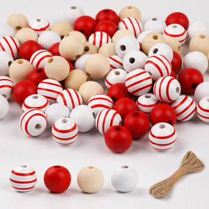Wooden Beads Round <b>Red</b> White Striped Loose Beads For <b>Bracelet</b> Making XD150 - Product Image 1
