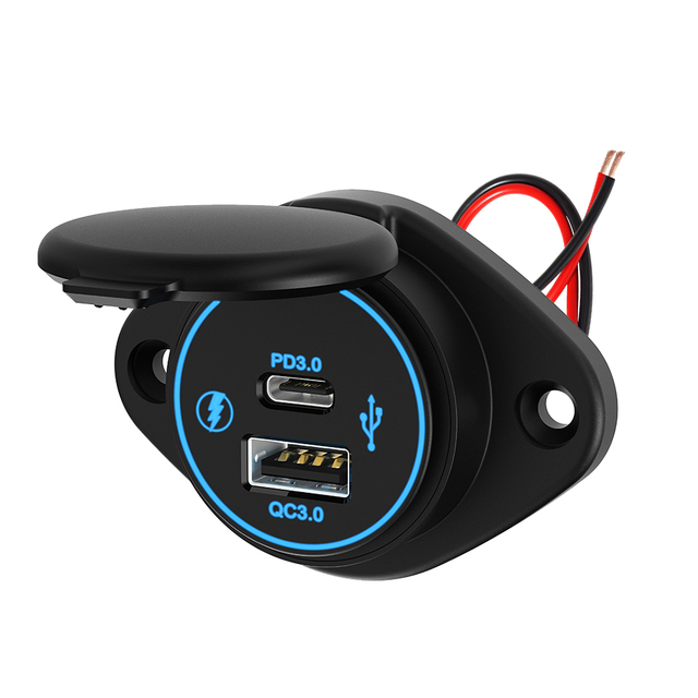 Surface Mount IP67 12V 24V Universal Dual Port Bus Car Socket Qc3.0 Usb Type C 30W Pd Car Charger for Motorcycle Marine Outdoor