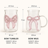 Jolies tasses à dessert en verre borosilicate transparent de 15 oz et 16 oz avec nœud rose 3D et tasse à café glacé avec poignée pour cadeaux à domicile