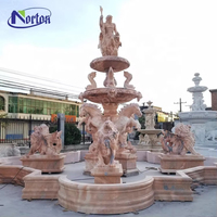 Décor de jardin extérieur personnalisé grand coucher de soleil naturel fontaine en marbre rouge sculpture sur pierre animaux cheval et lion statues sculpture