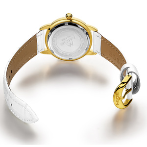 Montre à quartz élégante pour femme MIGE, couleur or, avec bracelet en cuir blanc et accents de diamants, cadran analogique - Product Image 2