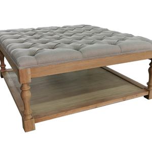 Mesa de Centro Otomana Rectangular de Madera Maciza Reciclada con Tapicería de Tela y Botones Estilo Francés - Product Image 2