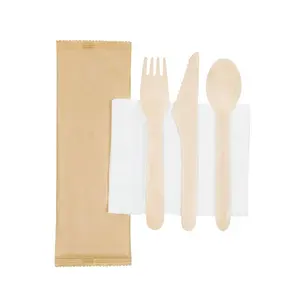 Set alat makan kayu dapat terurai 170 MM sekali pakai pisau sendok garpu dengan sumpit