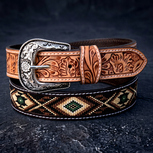 <b>Western</b> Embroidered Leather <b>Belt</b> With Floral Pattern And Silver Buckle Casual Cowboy Style Durable Handcrafted <b>Belt</b> - Product Image 1